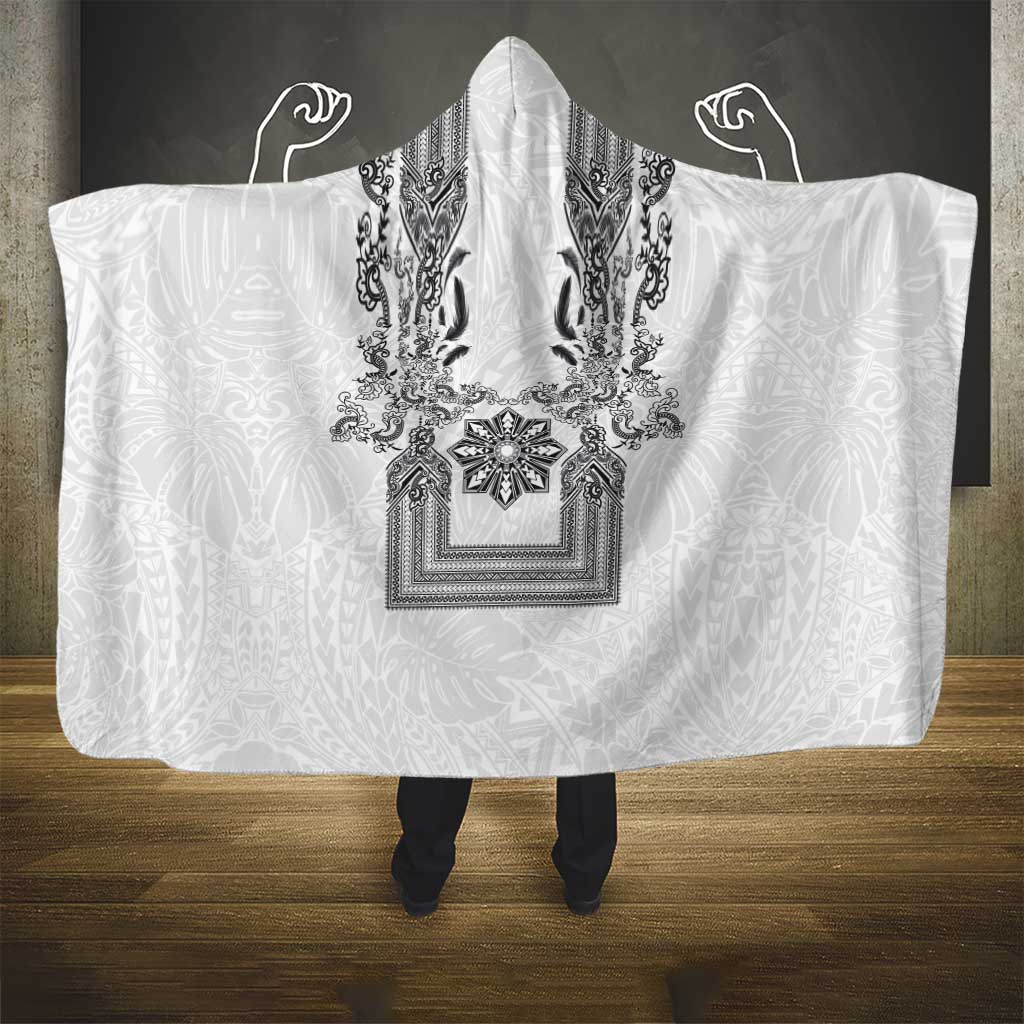 Philippines Barong Style Hooded Blanket with Polynesian Art and Leaf Motif Black-White Color LT03 - Polynesian Pride