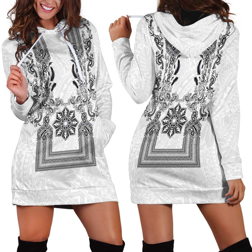 Philippines Barong Style Hoodie Dress with Polynesian Art and Leaf Motif Black-White Color LT03 - Polynesian Pride