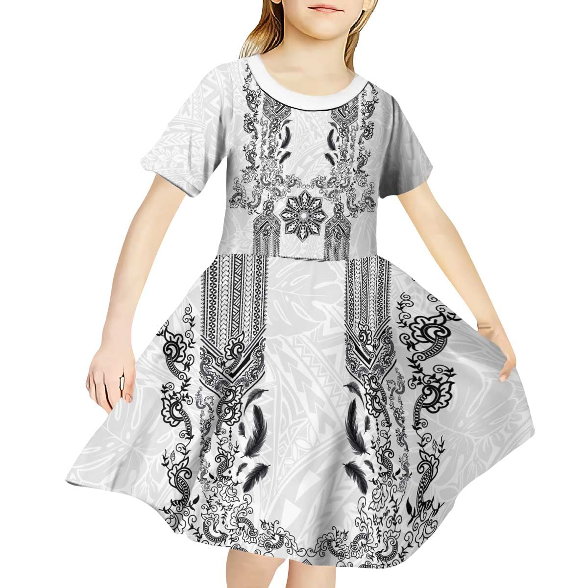 Philippines Barong Style Kid Short Sleeve Dress with Polynesian Art and Leaf Motif Black-White Color