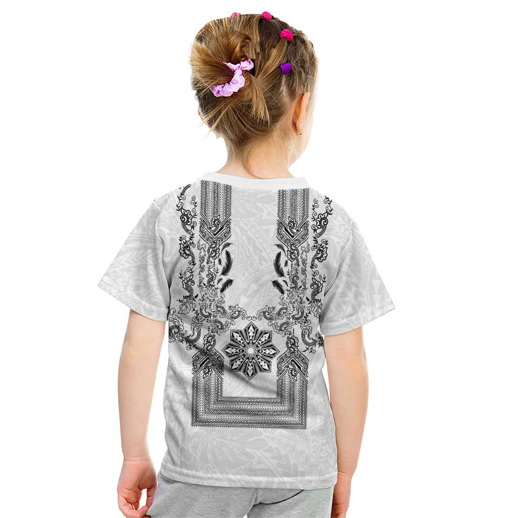 Philippines Barong Style Kid T Shirt with Polynesian Art and Leaf Motif Black-White Color