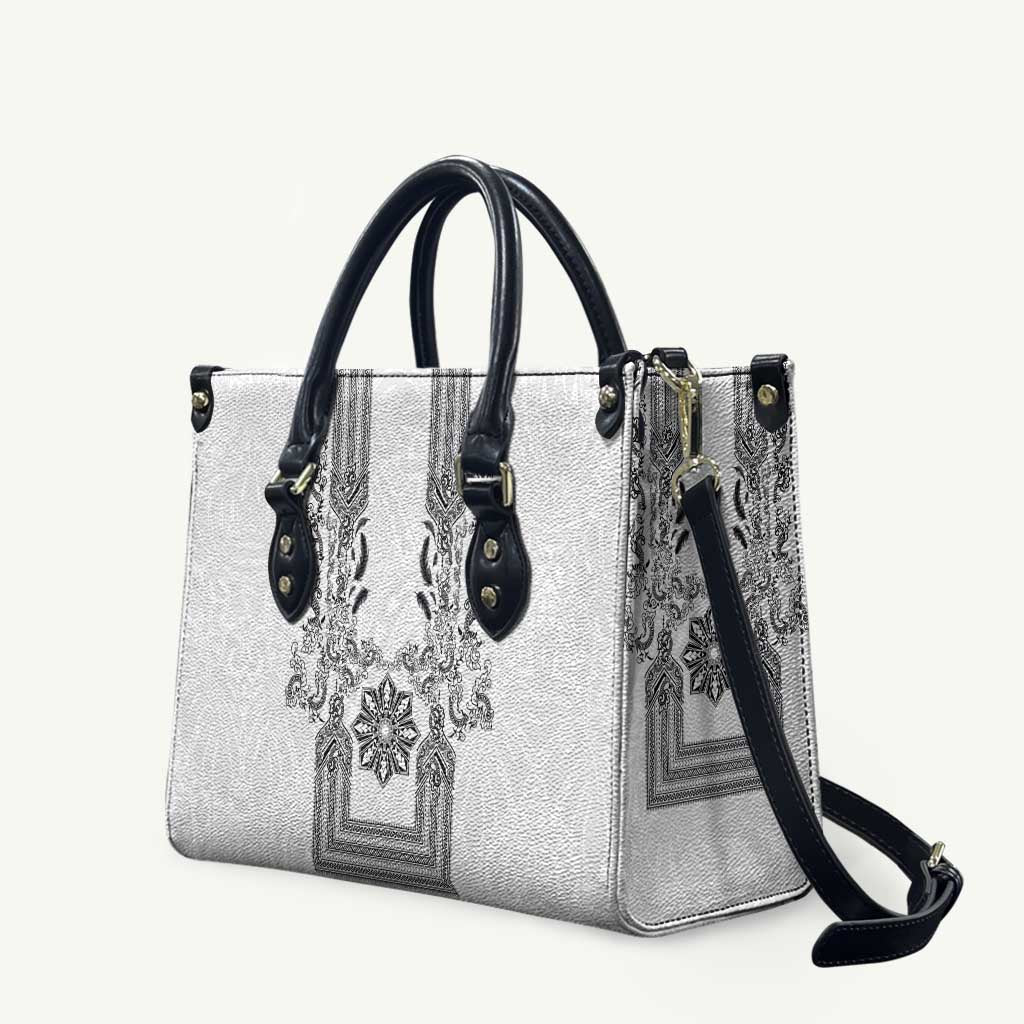 Philippines Barong Style Leather Bag with Polynesian Art and Leaf Motif Black-White Color LT03 White - Polynesian Pride