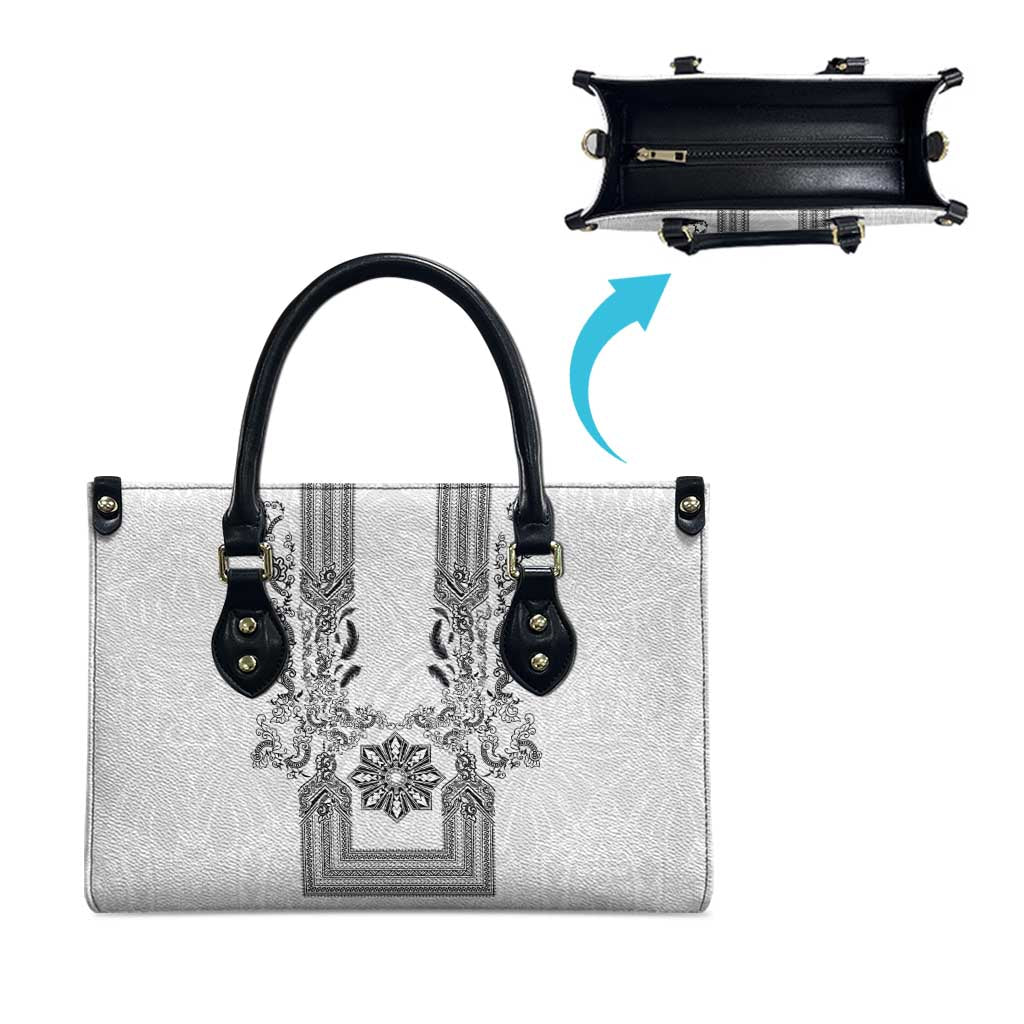 Philippines Barong Style Leather Bag with Polynesian Art and Leaf Motif Black-White Color LT03 - Polynesian Pride