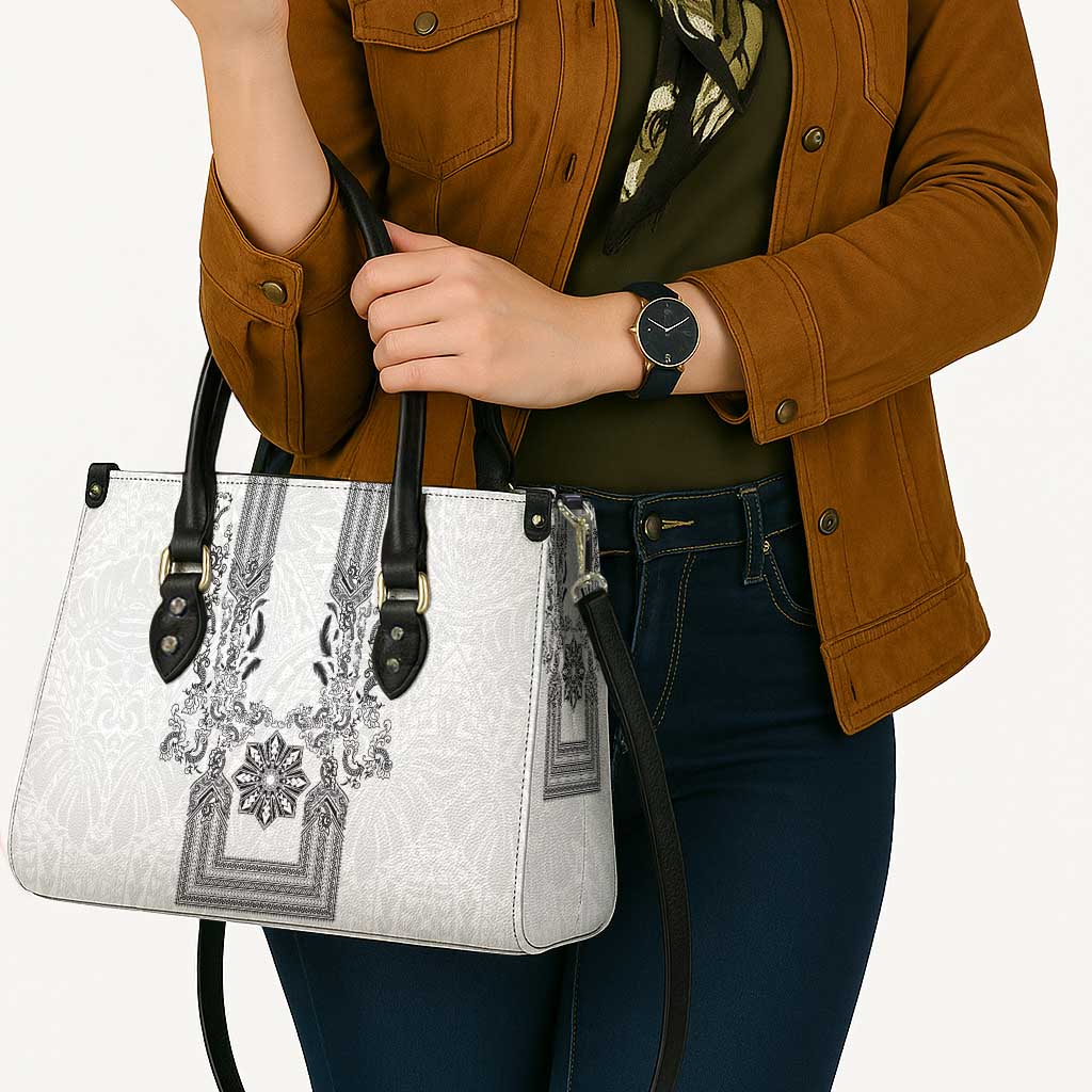 Philippines Barong Style Leather Bag with Polynesian Art and Leaf Motif Black-White Color LT03 - Polynesian Pride