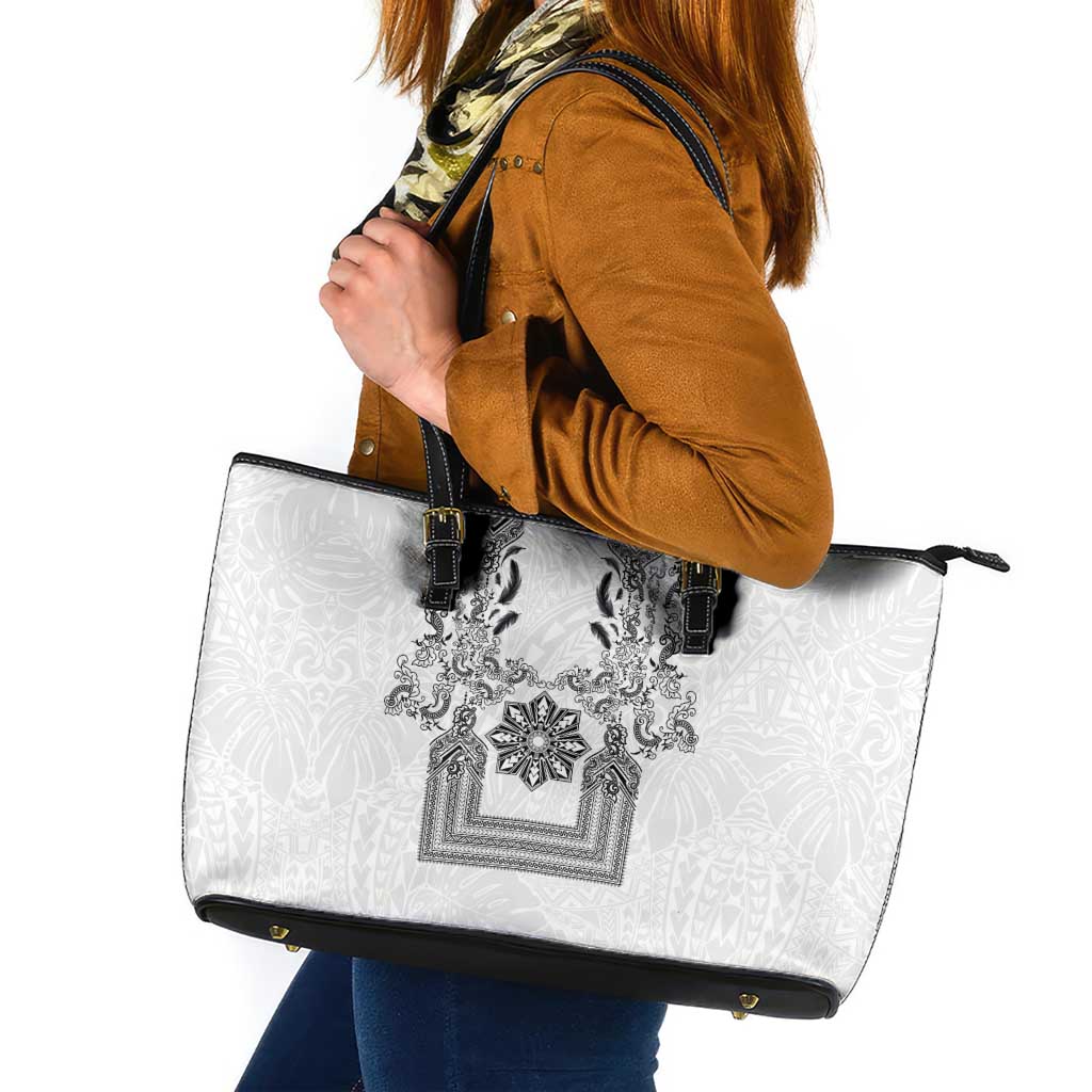 Philippines Barong Style Leather Tote Bag with Polynesian Art and Leaf Motif Black-White Color LT03 White - Polynesian Pride