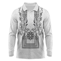 Philippines Barong Style Long Sleeve Polo Shirt with Polynesian Art and Leaf Motif Black-White Color LT03 White - Polynesian Pride