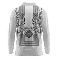 Philippines Barong Style Long Sleeve Polo Shirt with Polynesian Art and Leaf Motif Black-White Color LT03 - Polynesian Pride