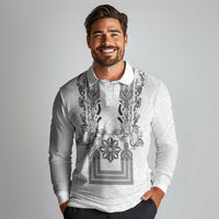 Philippines Barong Style Long Sleeve Polo Shirt with Polynesian Art and Leaf Motif Black-White Color LT03 - Polynesian Pride