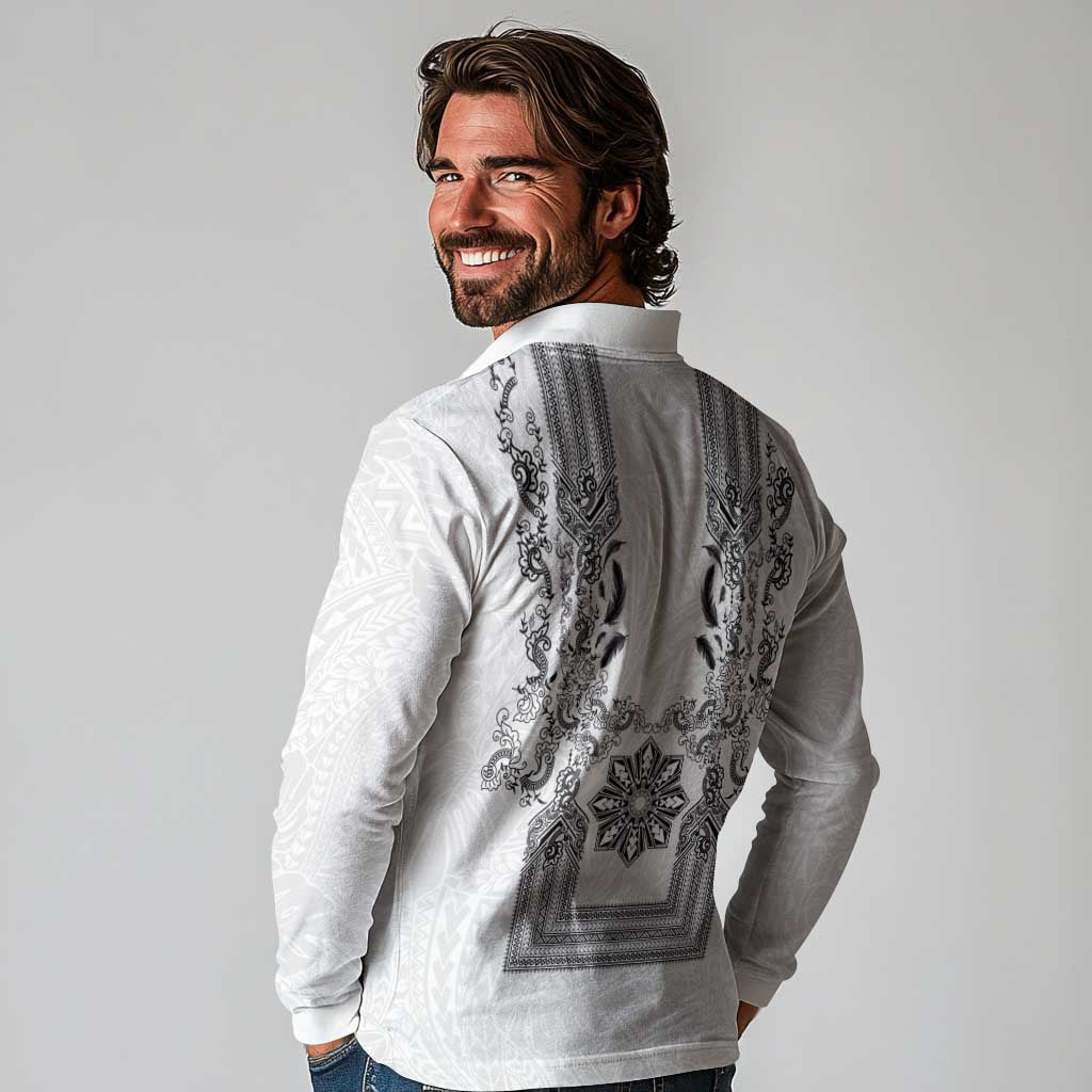 Philippines Barong Style Long Sleeve Polo Shirt with Polynesian Art and Leaf Motif Black-White Color LT03 - Polynesian Pride