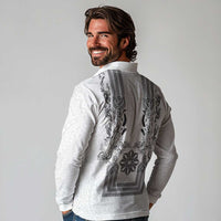 Philippines Barong Style Long Sleeve Polo Shirt with Polynesian Art and Leaf Motif Black-White Color LT03 - Polynesian Pride