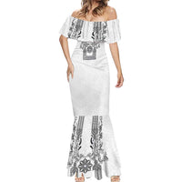 Philippines Barong Style Mermaid Dress with Polynesian Art and Leaf Motif Black-White Color
