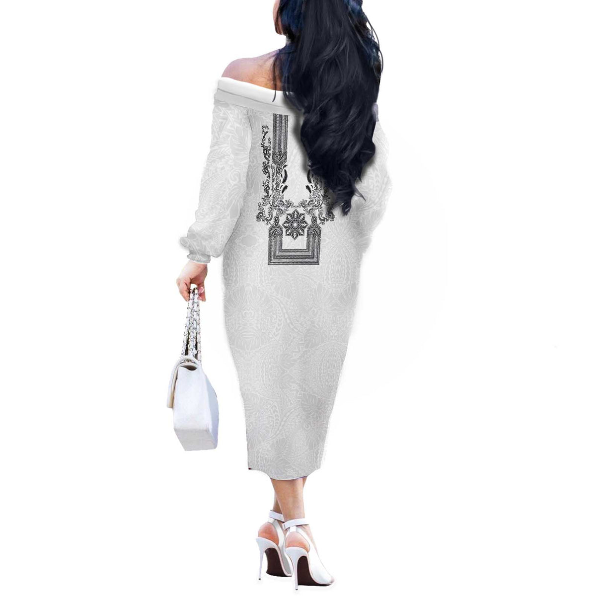 Philippines Barong Style Off The Shoulder Long Sleeve Dress with Polynesian Art and Leaf Motif Black-White Color LT03 - Polynesian Pride