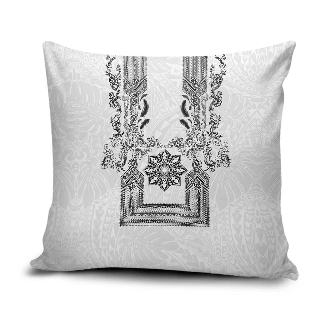 Philippines Barong Style Pillow Cover with Polynesian Art and Leaf Motif Black-White Color