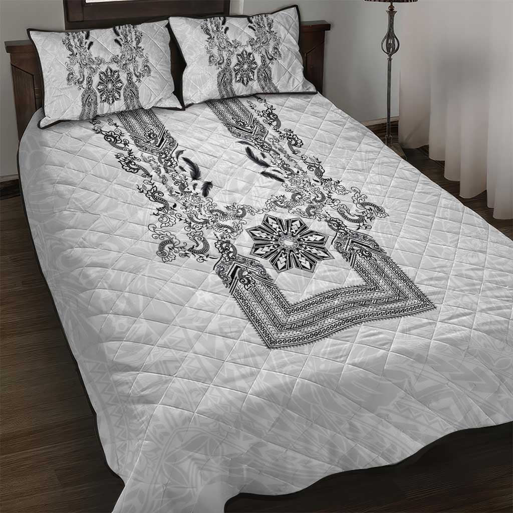 Philippines Barong Style Quilt Bed Set with Polynesian Art and Leaf Motif Black-White Color LT03 White - Polynesian Pride