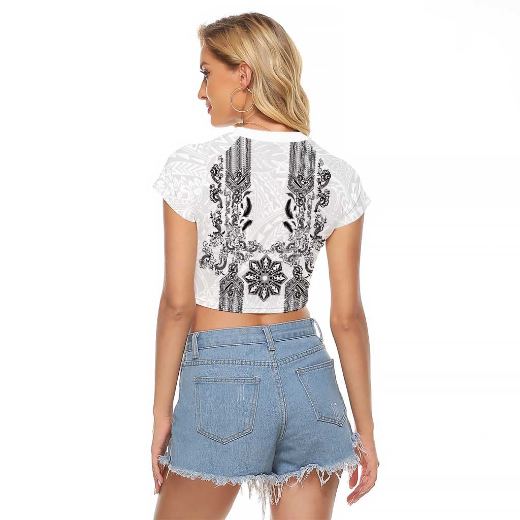Philippines Barong Style Raglan Cropped T Shirt with Polynesian Art and Leaf Motif Black-White Color