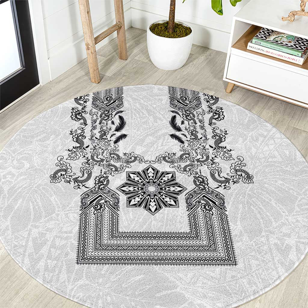 Philippines Barong Style Round Carpet with Polynesian Art and Leaf Motif Black-White Color LT03 White - Polynesian Pride