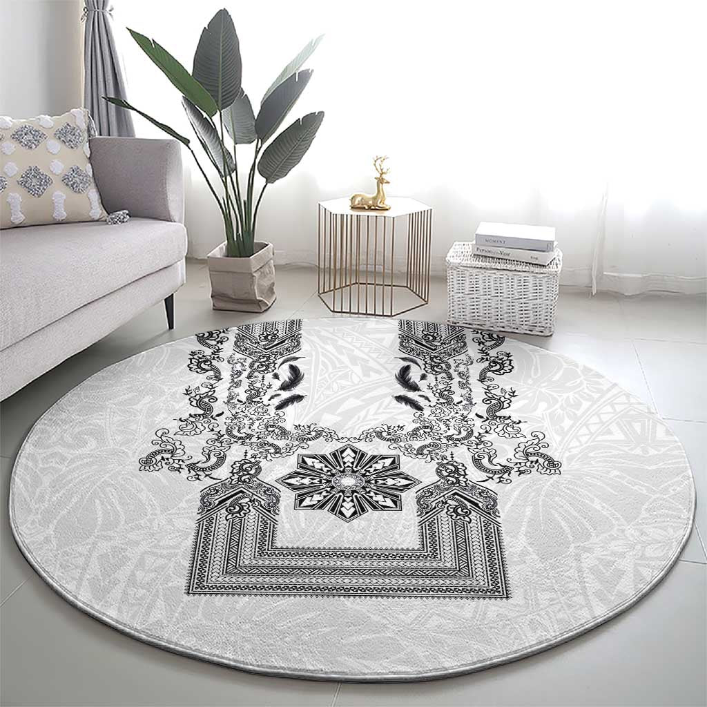 Philippines Barong Style Round Carpet with Polynesian Art and Leaf Motif Black-White Color LT03 - Polynesian Pride