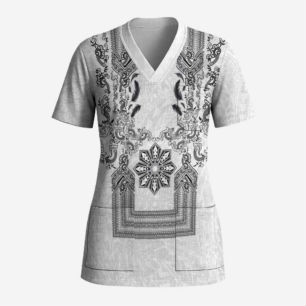 Philippines Barong Style Scrub Top with Polynesian Art and Leaf Motif Black-White Color LT03 Adult White - Polynesian Pride