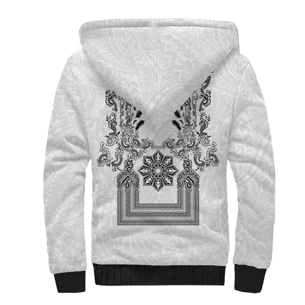 Philippines Barong Style Sherpa Hoodie with Polynesian Art and Leaf Motif Black-White Color LT03 - Polynesian Pride