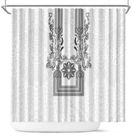 Philippines Barong Style Shower Curtain with Polynesian Art and Leaf Motif Black-White Color