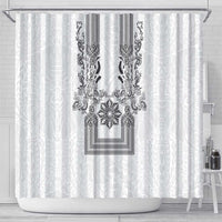 Philippines Barong Style Shower Curtain with Polynesian Art and Leaf Motif Black-White Color