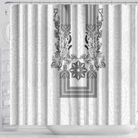Philippines Barong Style Shower Curtain with Polynesian Art and Leaf Motif Black-White Color
