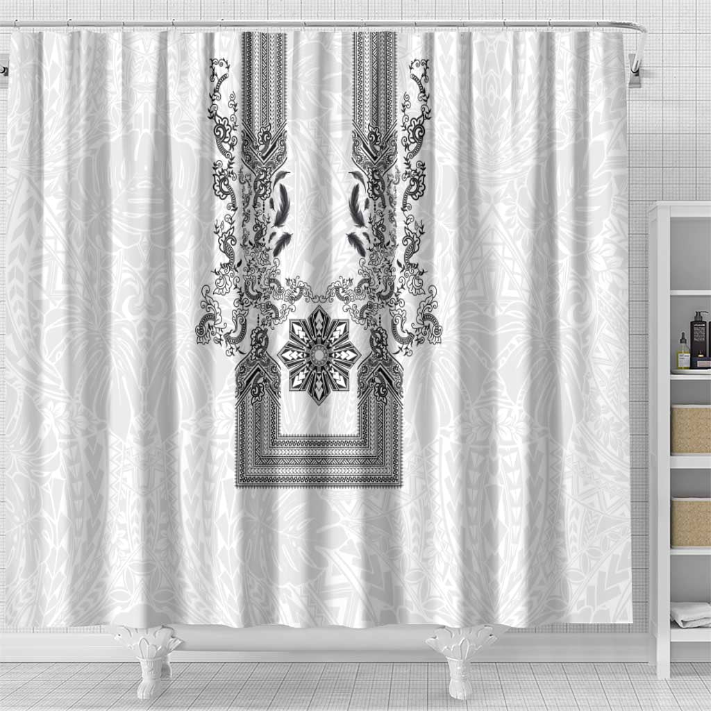 Philippines Barong Style Shower Curtain with Polynesian Art and Leaf Motif Black-White Color