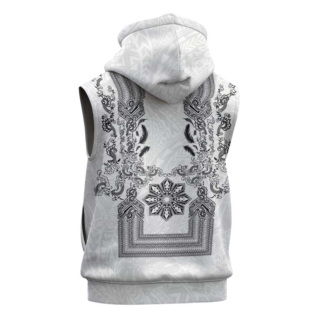Philippines Barong Style Sleeveless Hoodie with Polynesian Art and Leaf Motif Black-White Color