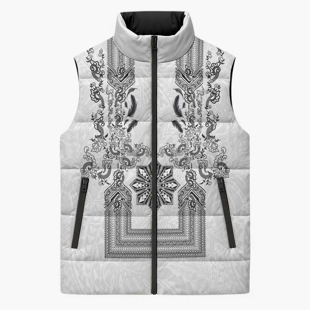 Philippines Barong Style Sleeveless Puffer Jacket with Polynesian Art and Leaf Motif Black-White Color LT03 Unisex White - Polynesian Pride
