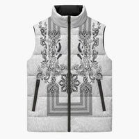 Philippines Barong Style Sleeveless Puffer Jacket with Polynesian Art and Leaf Motif Black-White Color LT03 Unisex White - Polynesian Pride