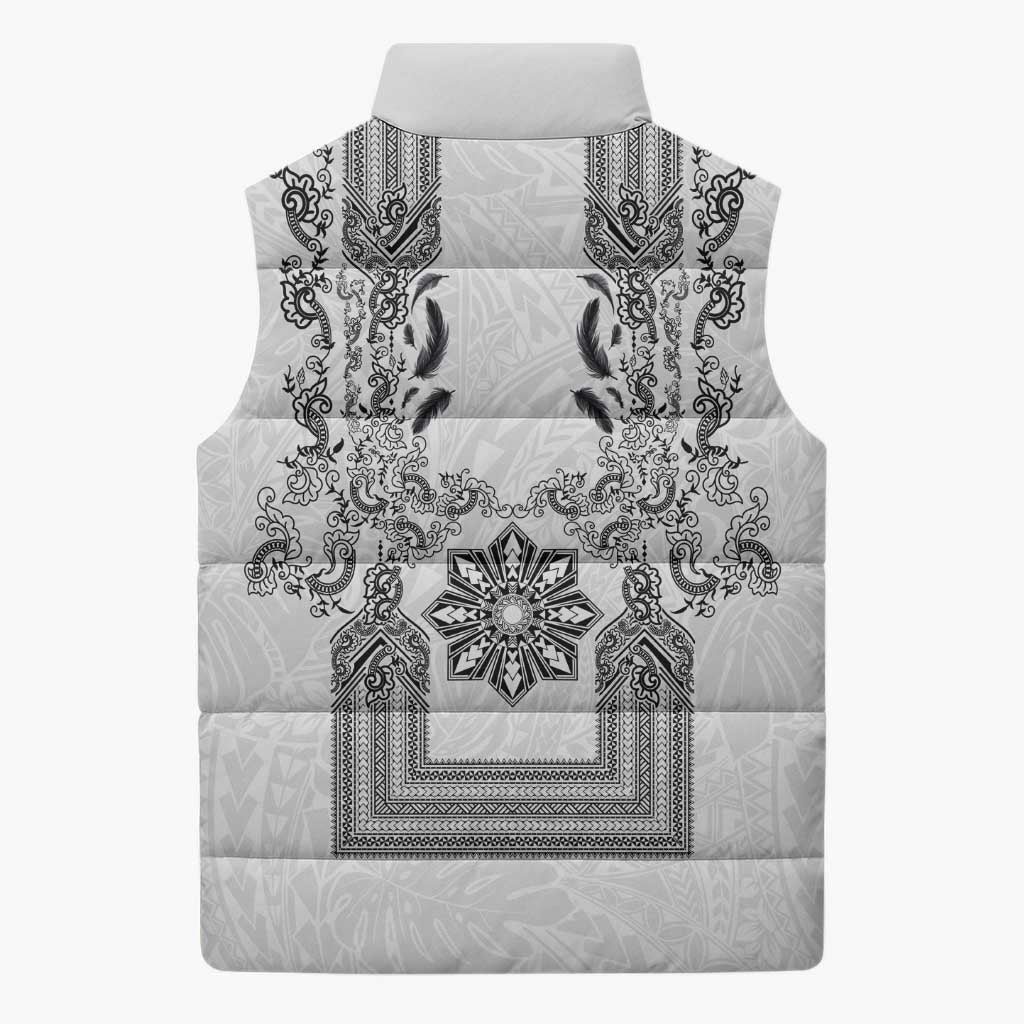Philippines Barong Style Sleeveless Puffer Jacket with Polynesian Art and Leaf Motif Black-White Color LT03 - Polynesian Pride