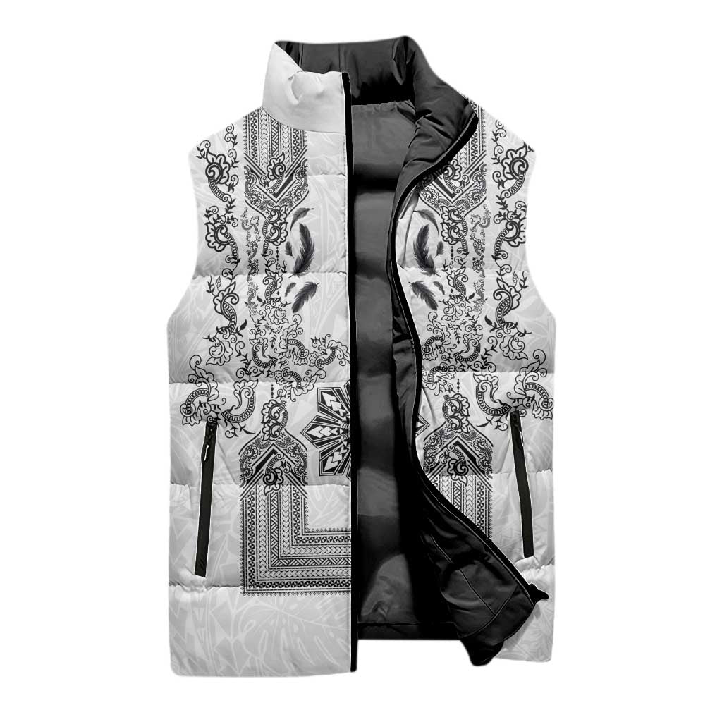 Philippines Barong Style Sleeveless Puffer Jacket with Polynesian Art and Leaf Motif Black-White Color LT03 - Polynesian Pride