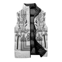 Philippines Barong Style Sleeveless Puffer Jacket with Polynesian Art and Leaf Motif Black-White Color LT03 - Polynesian Pride