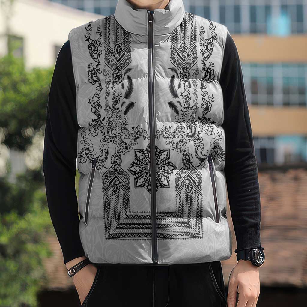 Philippines Barong Style Sleeveless Puffer Jacket with Polynesian Art and Leaf Motif Black-White Color LT03 - Polynesian Pride