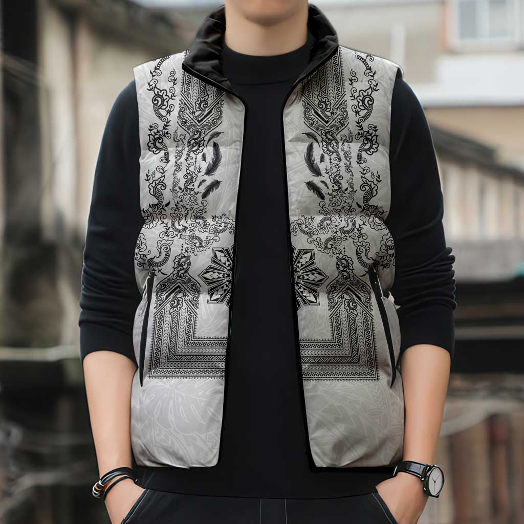 Philippines Barong Style Sleeveless Puffer Jacket with Polynesian Art and Leaf Motif Black-White Color LT03 - Polynesian Pride