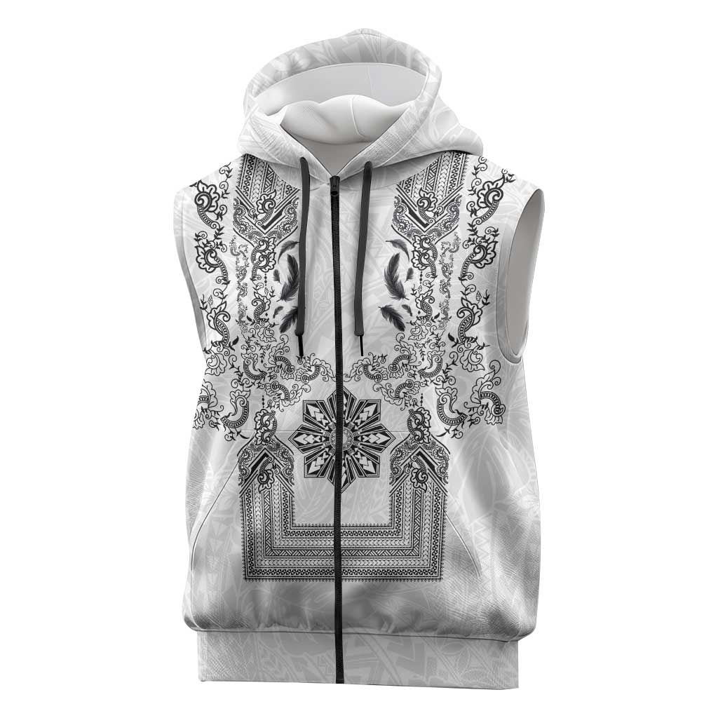 Philippines Barong Style Sleeveless Zip Hoodie with Polynesian Art and Leaf Motif Black-White Color