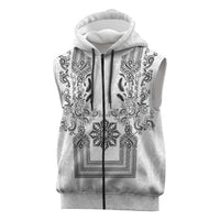 Philippines Barong Style Sleeveless Zip Hoodie with Polynesian Art and Leaf Motif Black-White Color LT03 White - Polynesian Pride