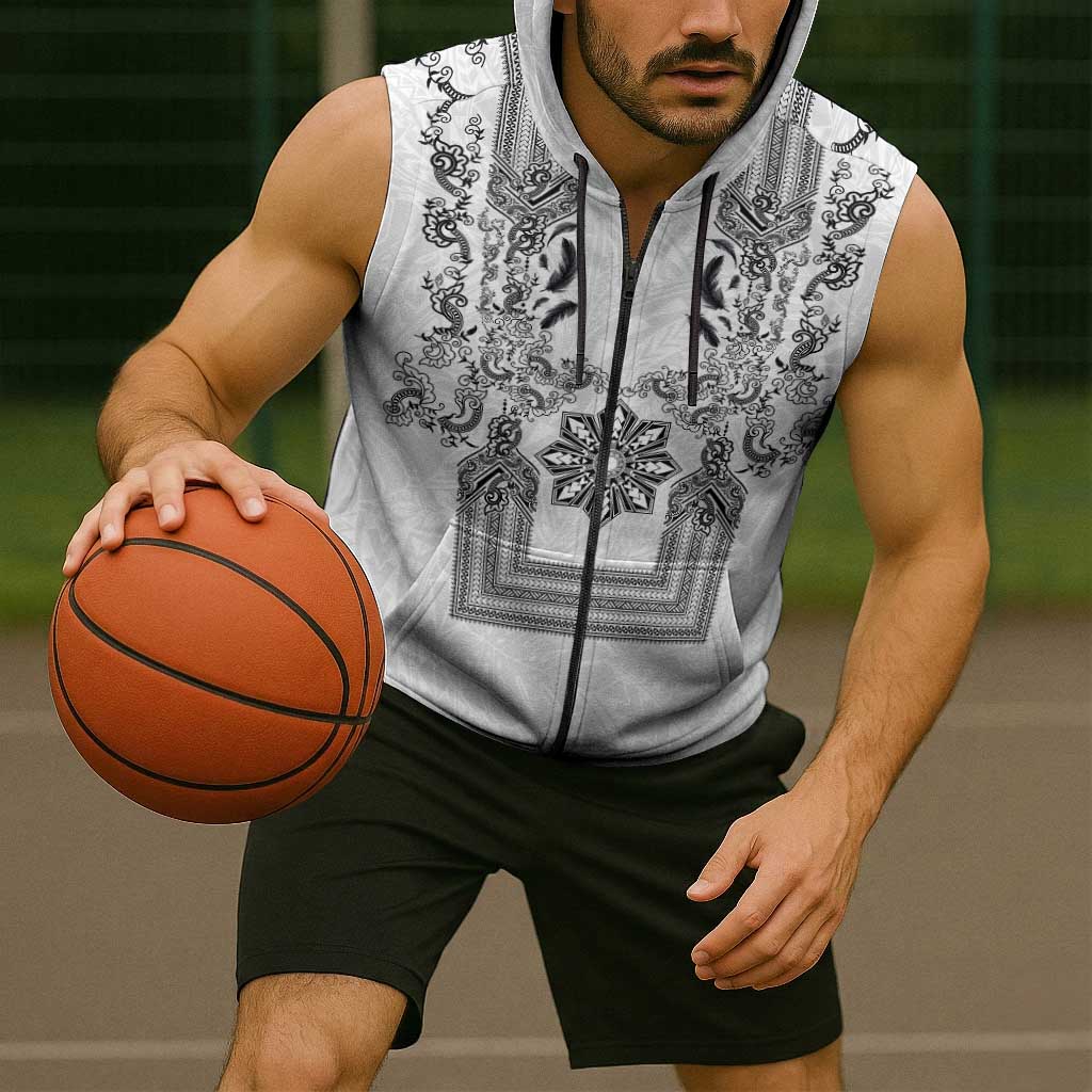 Philippines Barong Style Sleeveless Zip Hoodie with Polynesian Art and Leaf Motif Black-White Color LT03 - Polynesian Pride