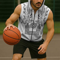 Philippines Barong Style Sleeveless Zip Hoodie with Polynesian Art and Leaf Motif Black-White Color LT03 - Polynesian Pride