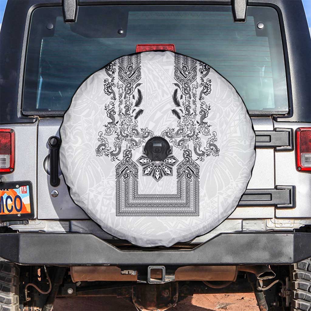 Philippines Barong Style Spare Tire Cover with Polynesian Art and Leaf Motif Black-White Color
