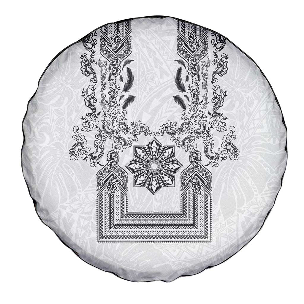 Philippines Barong Style Spare Tire Cover with Polynesian Art and Leaf Motif Black-White Color