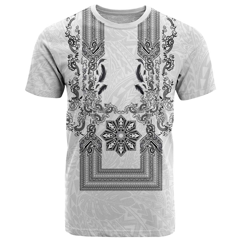 Philippines Barong Style T Shirt with Polynesian Art and Leaf Motif Black-White Color LT03 White - Polynesian Pride