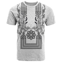 Philippines Barong Style T Shirt with Polynesian Art and Leaf Motif Black-White Color LT03 White - Polynesian Pride