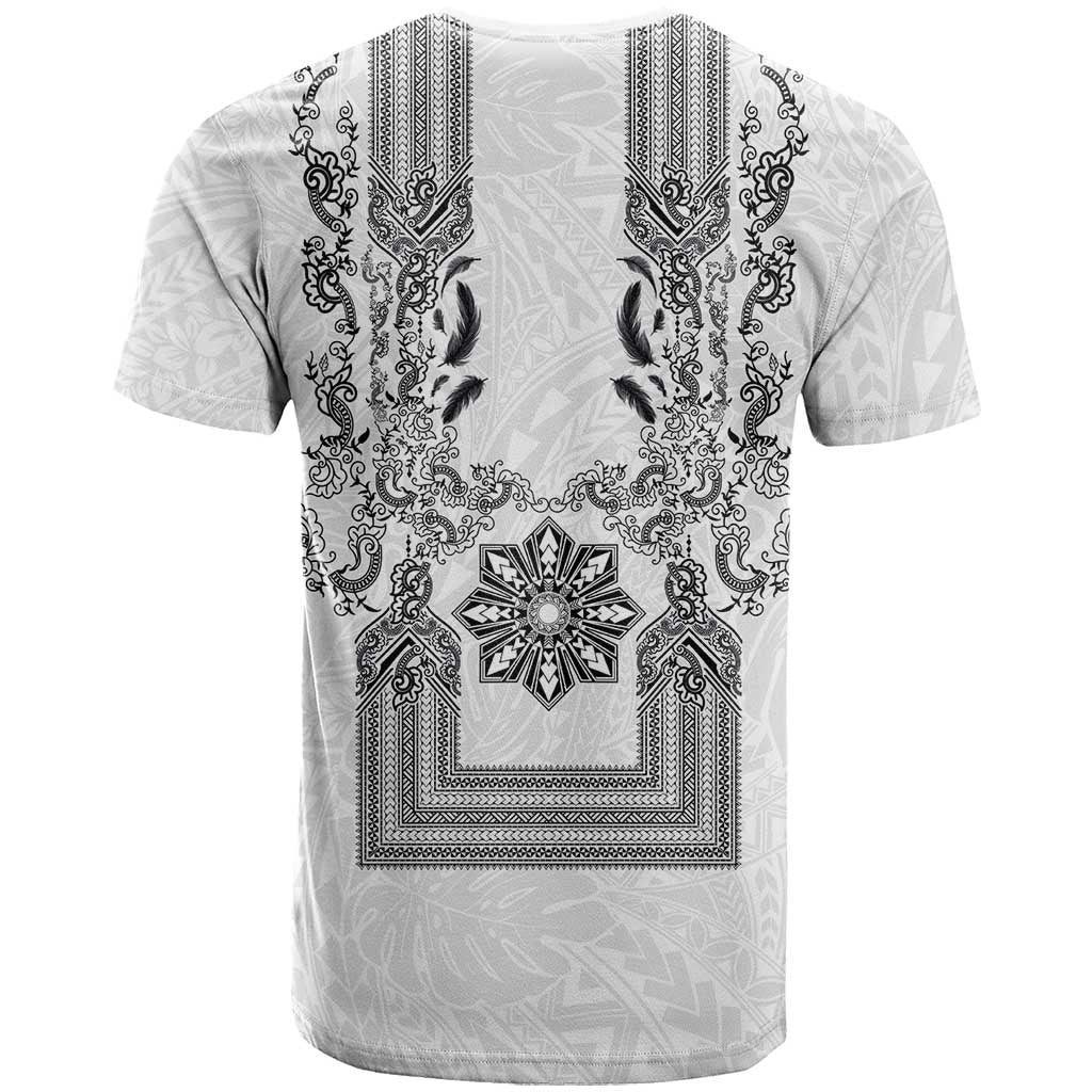 Philippines Barong Style T Shirt with Polynesian Art and Leaf Motif Black-White Color LT03 - Polynesian Pride
