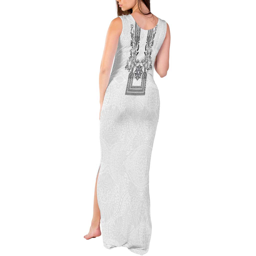 Philippines Barong Style Tank Maxi Dress with Polynesian Art and Leaf Motif Black-White Color