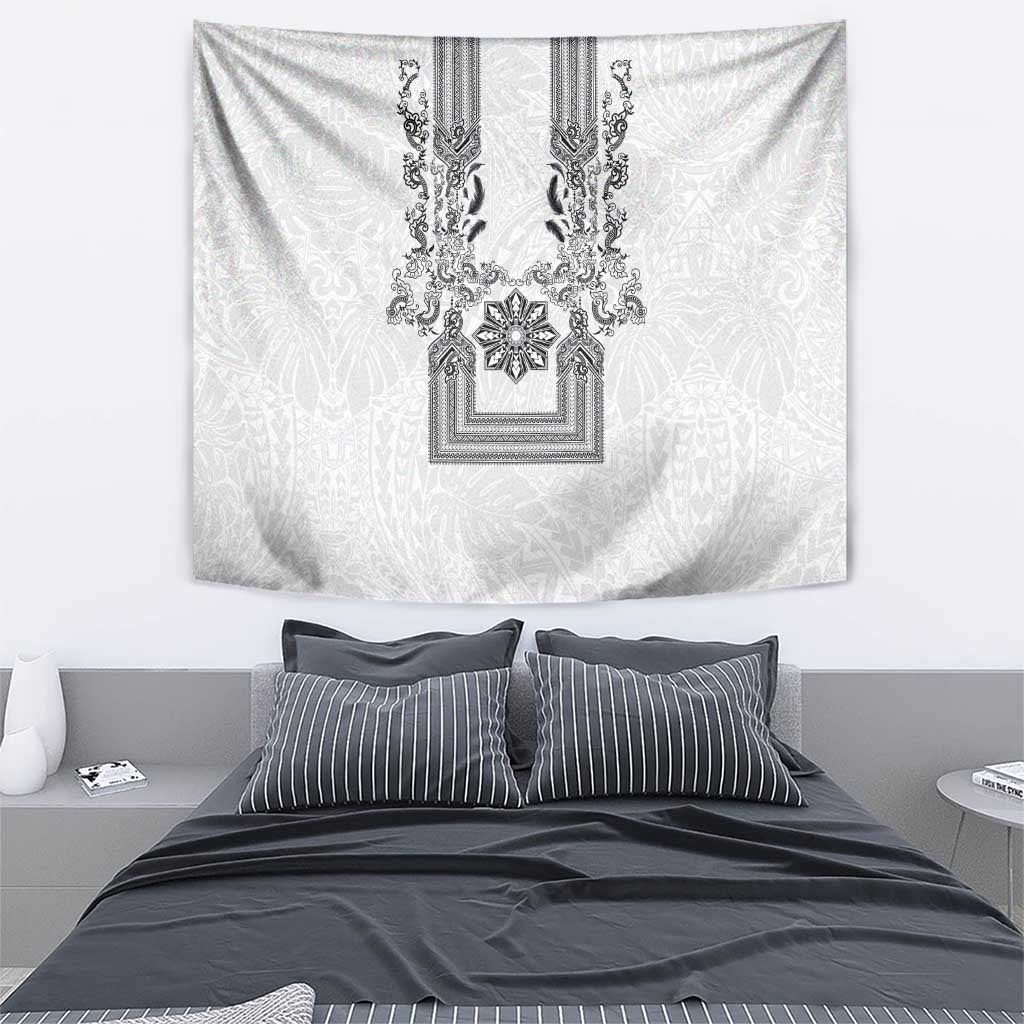 Philippines Barong Style Tapestry with Polynesian Art and Leaf Motif Black-White Color