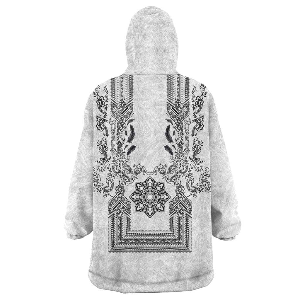Philippines Barong Style Wearable Blanket Hoodie with Polynesian Art and Leaf Motif Black-White Color LT03 - Polynesian Pride