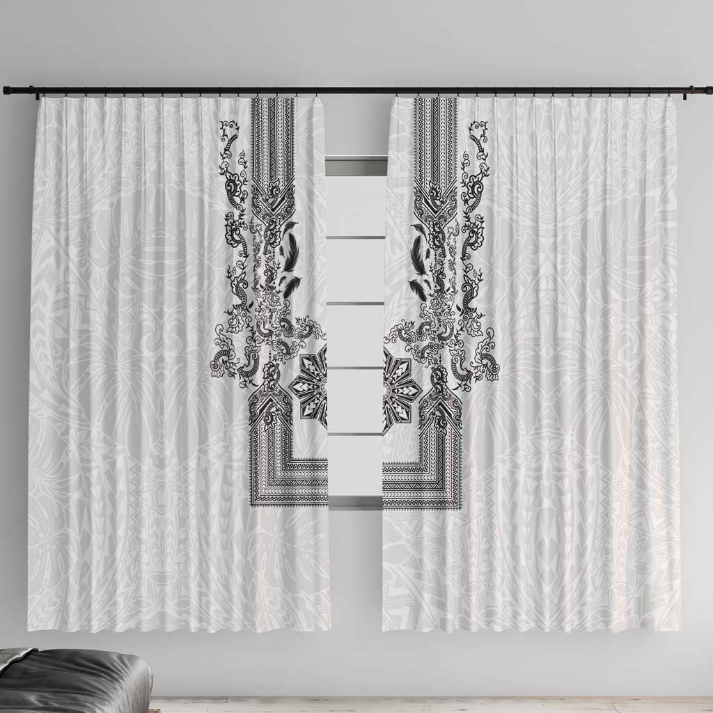 Philippines Barong Style Window Curtain with Polynesian Art and Leaf Motif Black-White Color