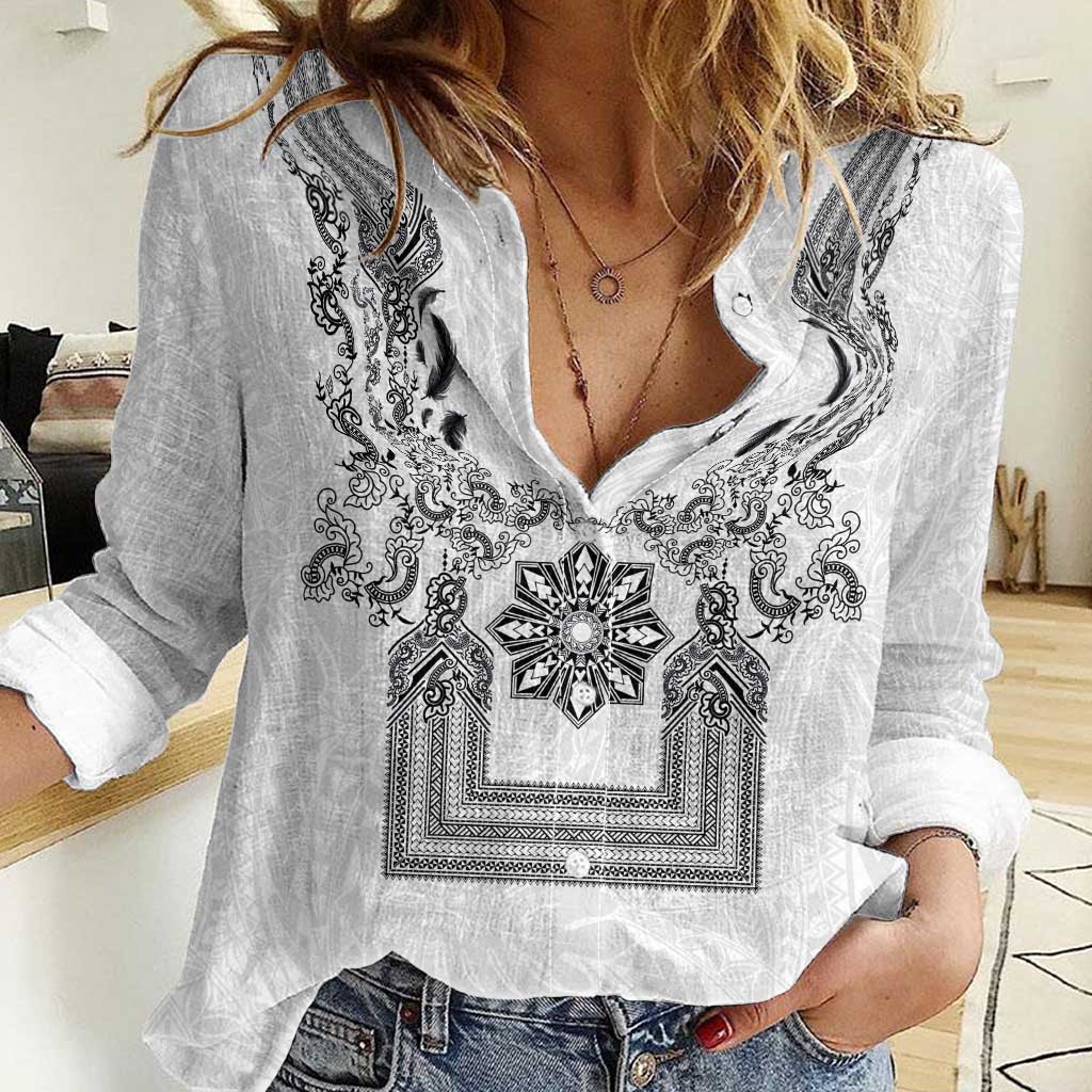 Philippines Barong Style Women Casual Shirt with Polynesian Art and Leaf Motif Black-White Color LT03 Female White - Polynesian Pride