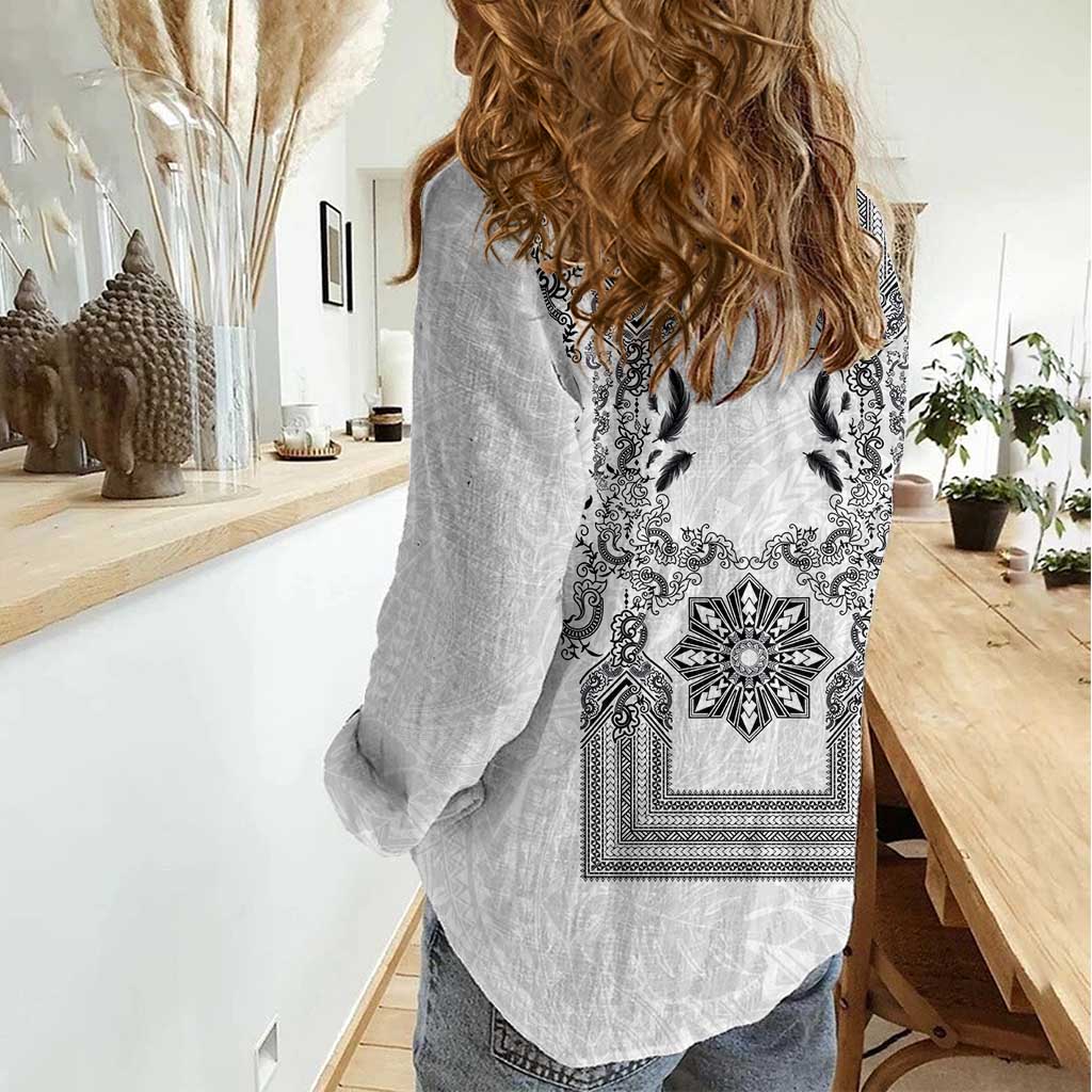 Philippines Barong Style Women Casual Shirt with Polynesian Art and Leaf Motif Black-White Color LT03 - Polynesian Pride