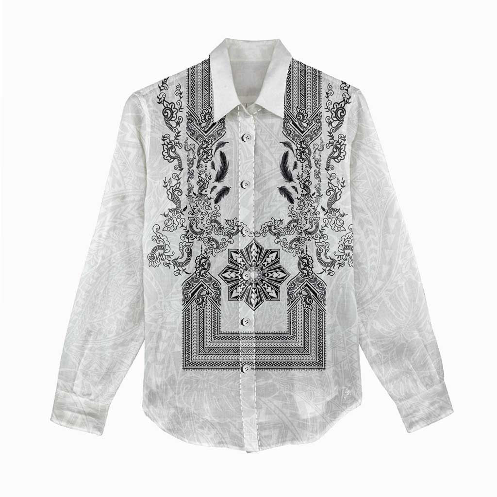 Philippines Barong Style Women Casual Shirt with Polynesian Art and Leaf Motif Black-White Color LT03 - Polynesian Pride